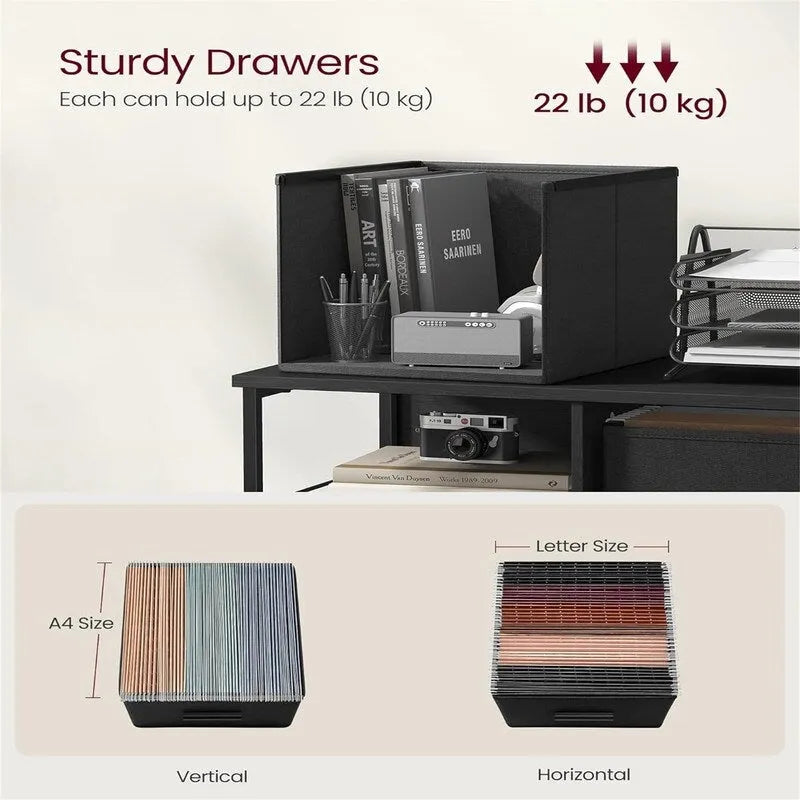 Ebony/Ink Black 2-Drawer Rolling File Cabinet with Printer Stand, 1-Person