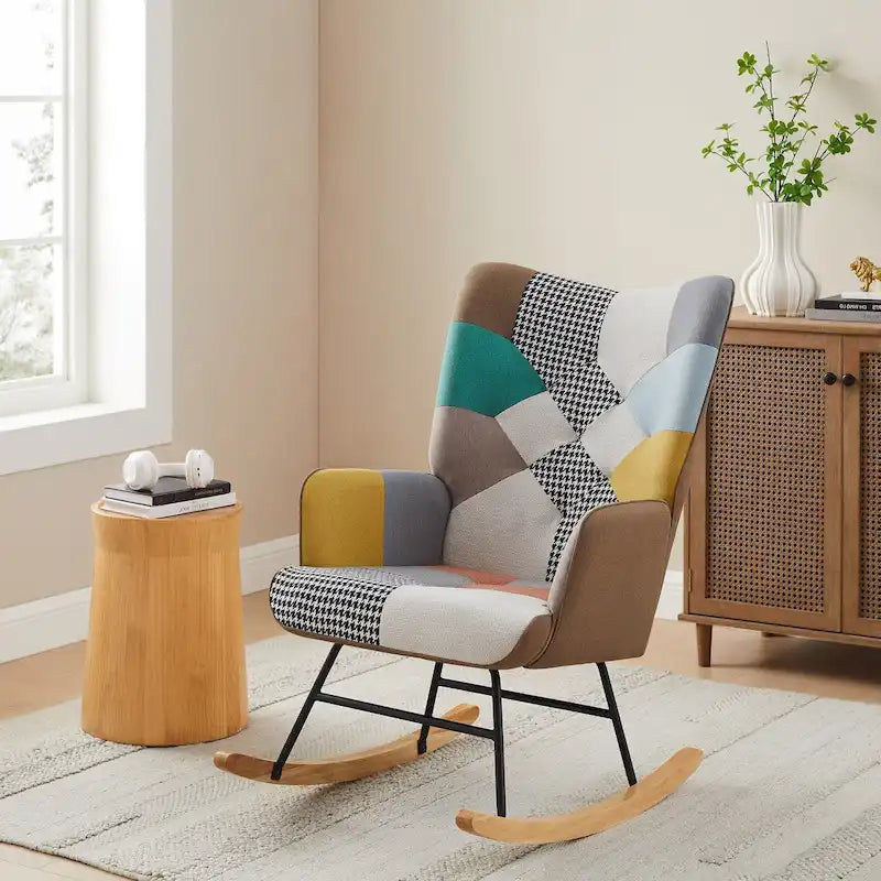 Multi-Color Patchwork Linen Rocking Chair, Wood Legs, Seats 1