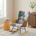 Multi-Color Patchwork Linen Rocking Chair, Wood Legs, Seats 1