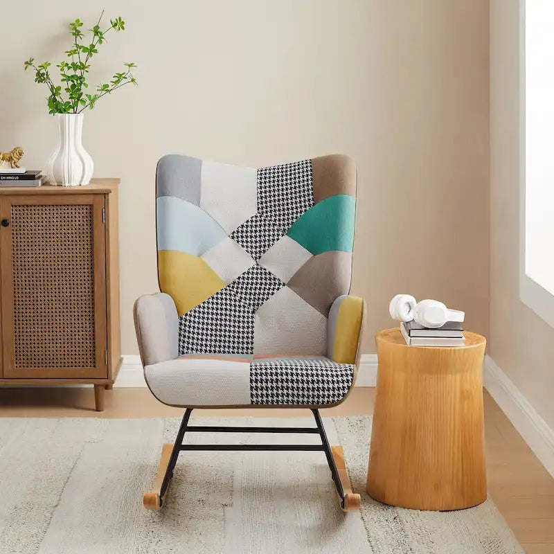 Multi-Color Patchwork Linen Rocking Chair, Wood Legs, Seats 1