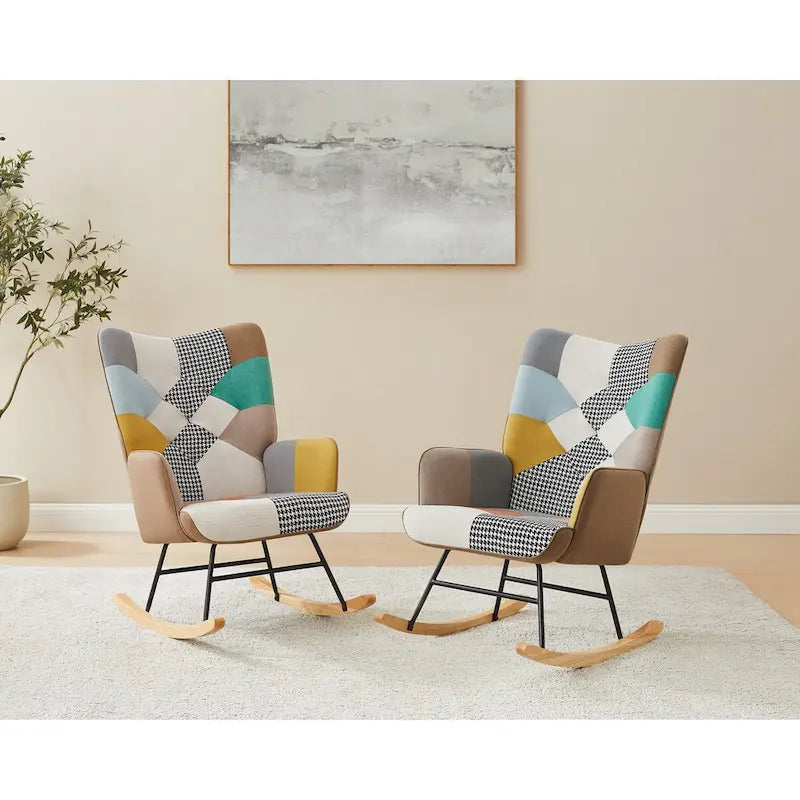 Multi-Color Patchwork Linen Rocking Chair, Wood Legs, Seats 1
