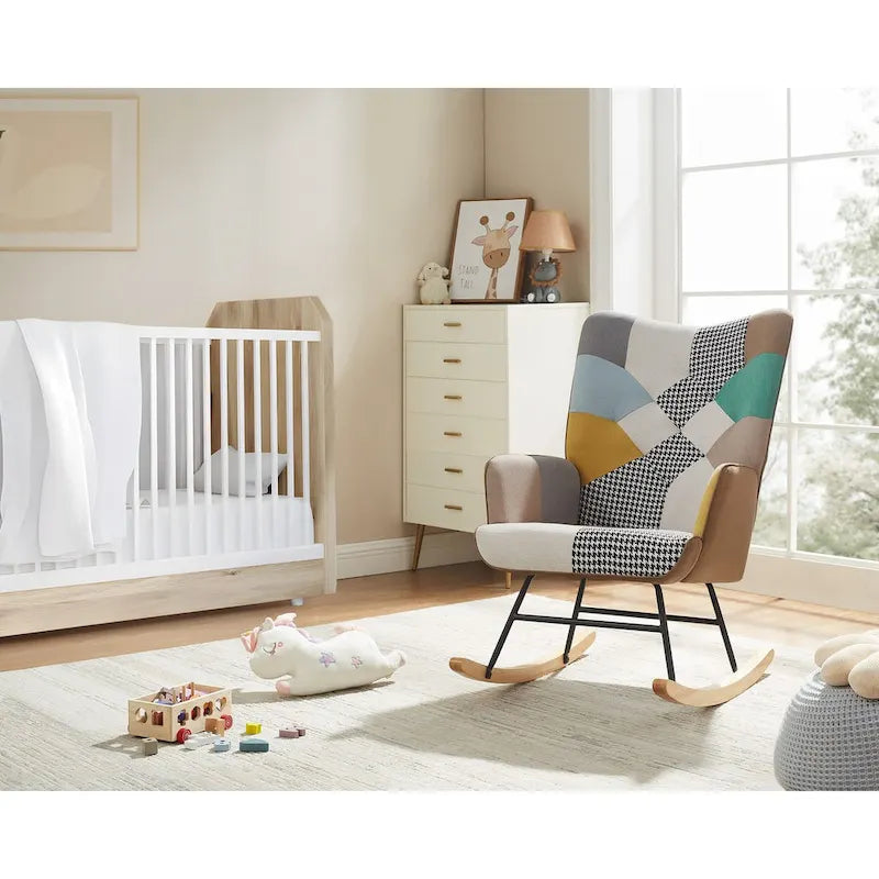 Multi-Color Patchwork Linen Rocking Chair, Wood Legs, Seats 1