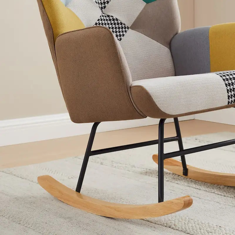 Multi-Color Patchwork Linen Rocking Chair, Wood Legs, Seats 1