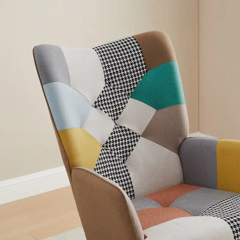 Multi-Color Patchwork Linen Rocking Chair, Wood Legs, Seats 1