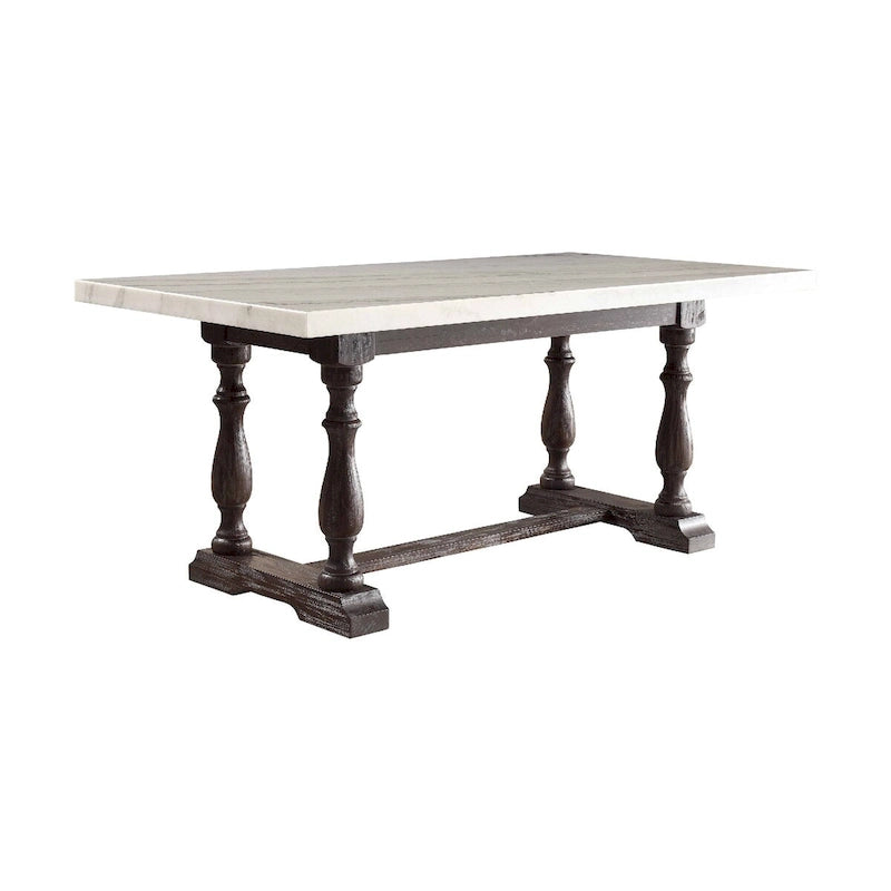 White Marble Top Rectangular Dining Table, Brown Wood Legs, Seats 6