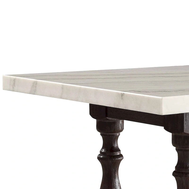 White Marble Top Rectangular Dining Table, Brown Wood Legs, Seats 6