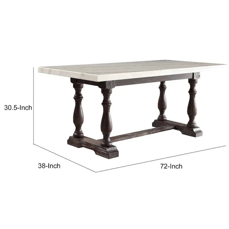 White Marble Top Rectangular Dining Table, Brown Wood Legs, Seats 6