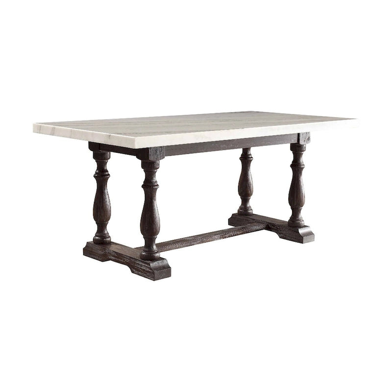 White Marble Top Rectangular Dining Table, Brown Wood Legs, Seats 6
