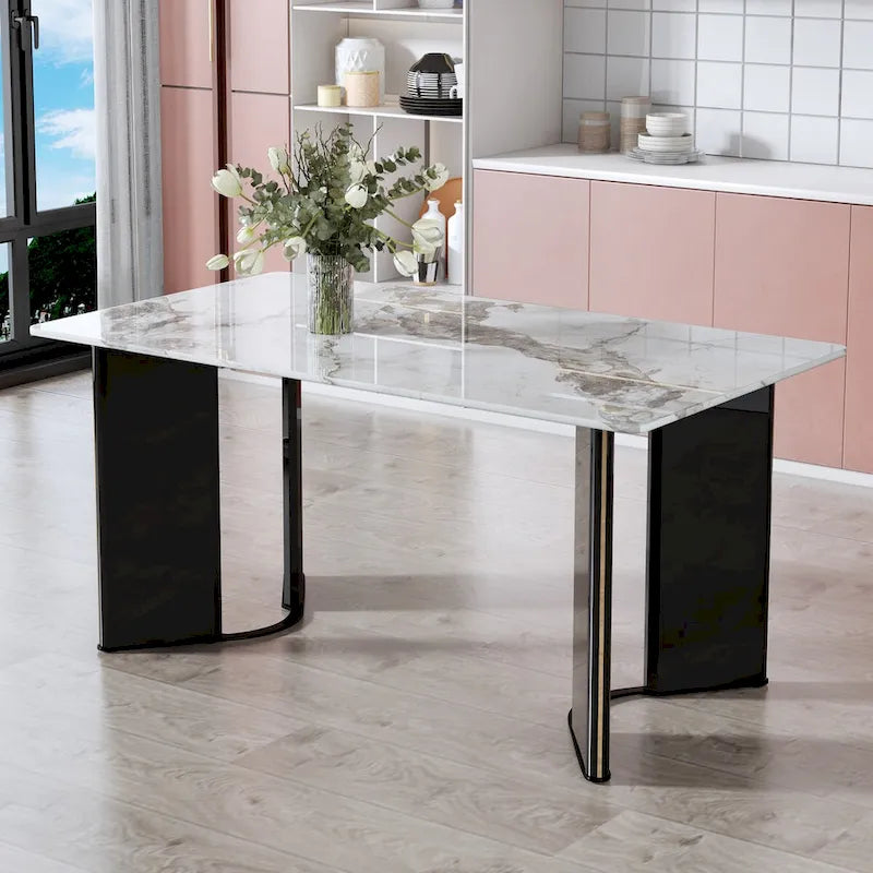 White Marble-Top Dining Table, Gold Legs, Seats 4–6