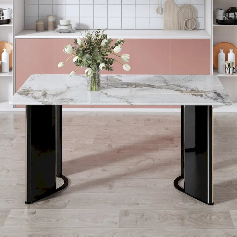 White Marble-Top Dining Table, Gold Legs, Seats 4–6
