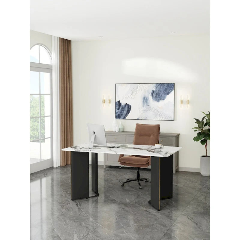 White Marble-Top Dining Table, Gold Legs, Seats 4–6
