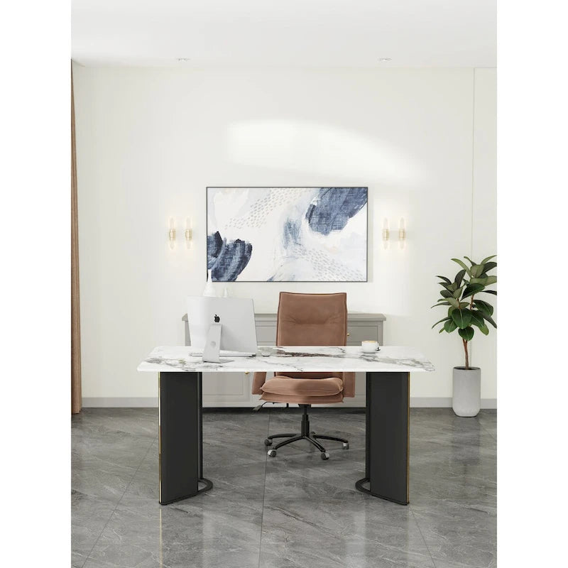 White Marble-Top Dining Table, Gold Legs, Seats 4–6