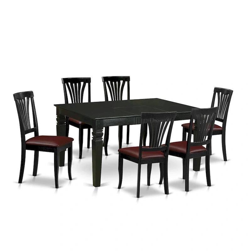 Black 7-Person Dining Set – Faux Leather Slatted Chairs & Butterfly Leaf Table