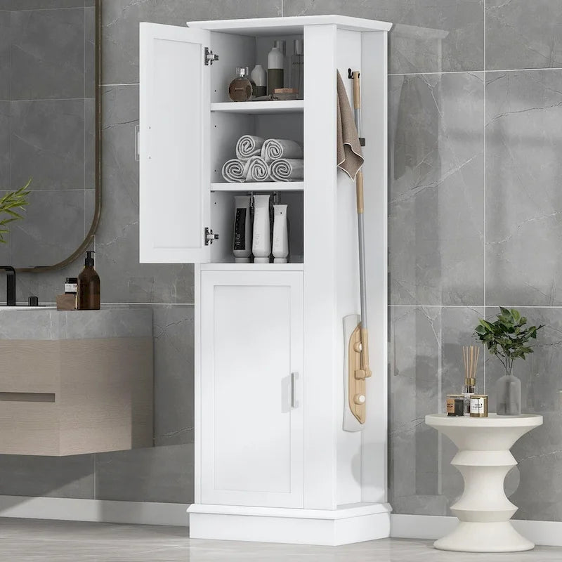 White Freestanding Bathroom Storage Cabinet with Adjustable Shelf & Side Hook