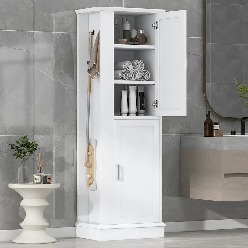 White Freestanding Bathroom Storage Cabinet with Adjustable Shelf & Side Hook