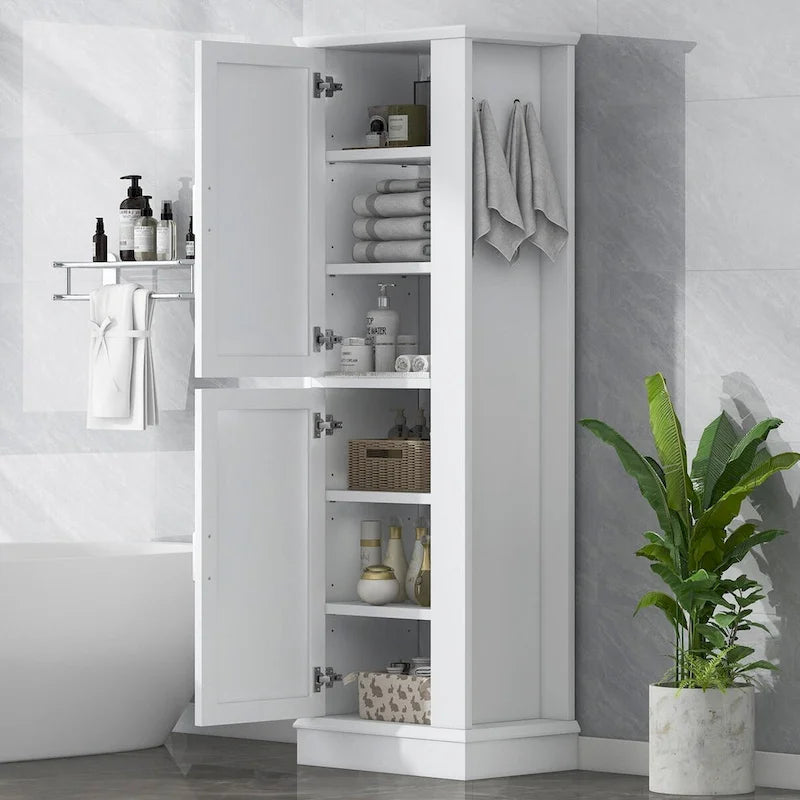 White Freestanding Bathroom Storage Cabinet with Adjustable Shelf & Side Hook