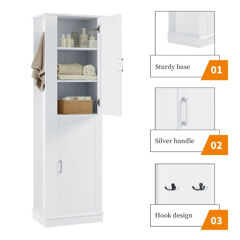 White Freestanding Bathroom Storage Cabinet with Adjustable Shelf & Side Hook