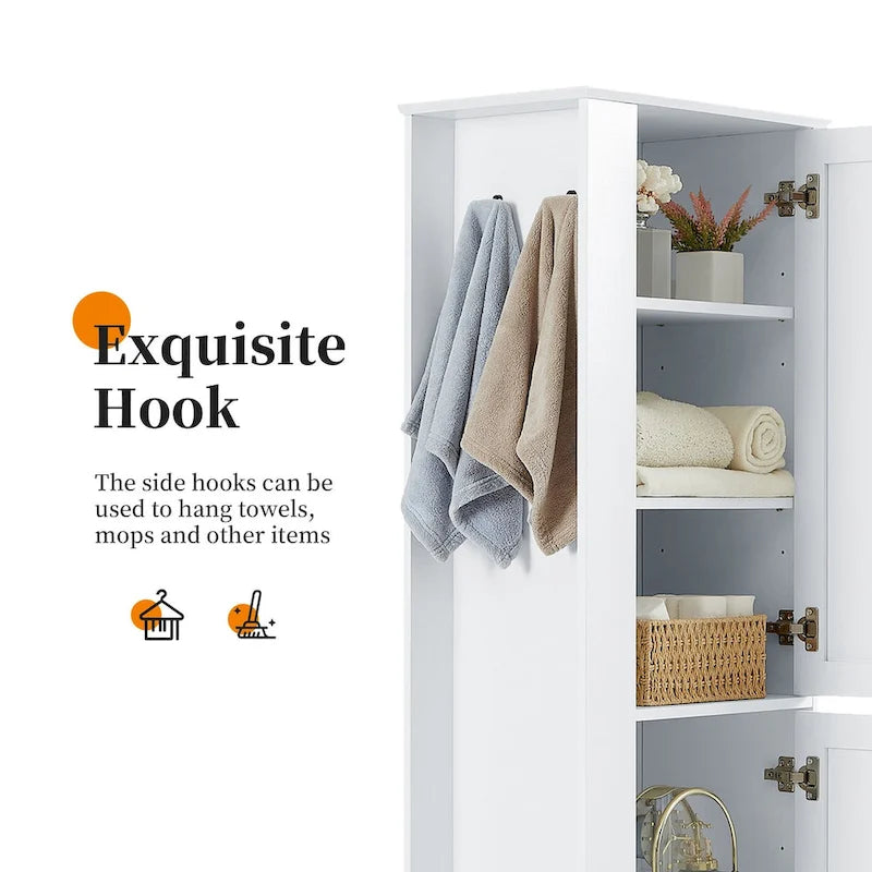 White Freestanding Bathroom Storage Cabinet with Adjustable Shelf & Side Hook