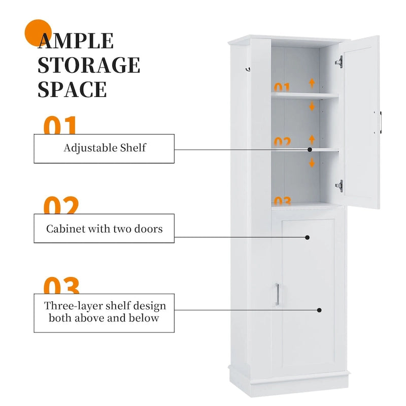 White Freestanding Bathroom Storage Cabinet with Adjustable Shelf & Side Hook