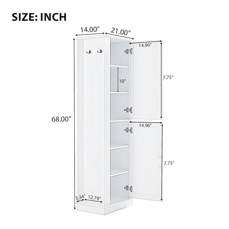 White Freestanding Bathroom Storage Cabinet with Adjustable Shelf & Side Hook