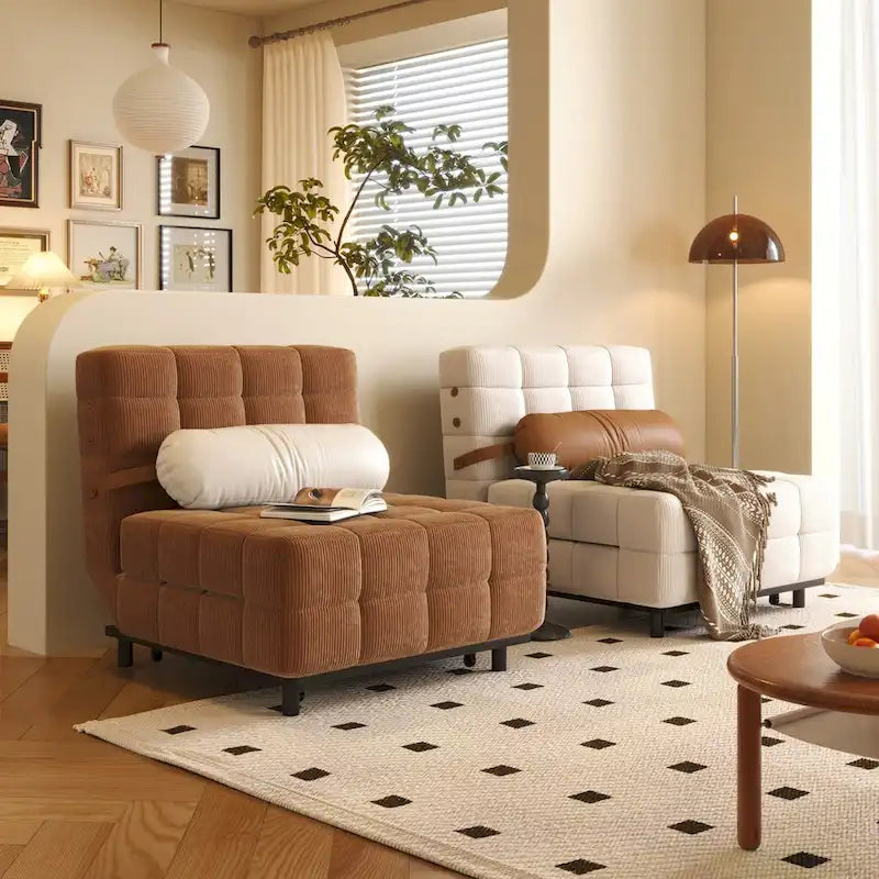 Beige / Camel Armless Convertible Sleeper Chair, 1-Person, Corduroy