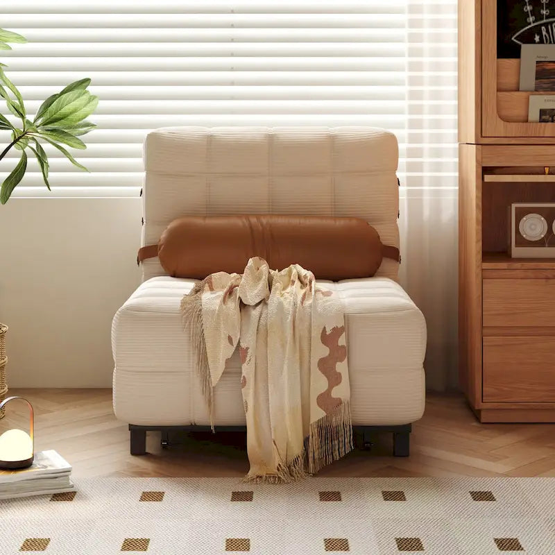 Beige / Camel Armless Convertible Sleeper Chair, 1-Person, Corduroy