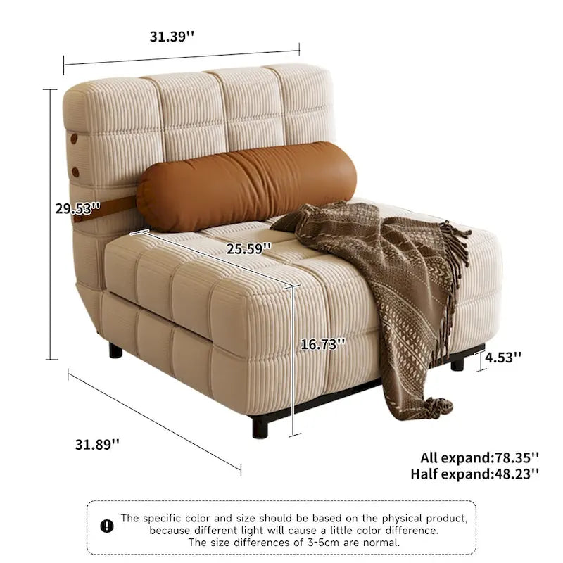 Beige / Camel Armless Convertible Sleeper Chair, 1-Person, Corduroy