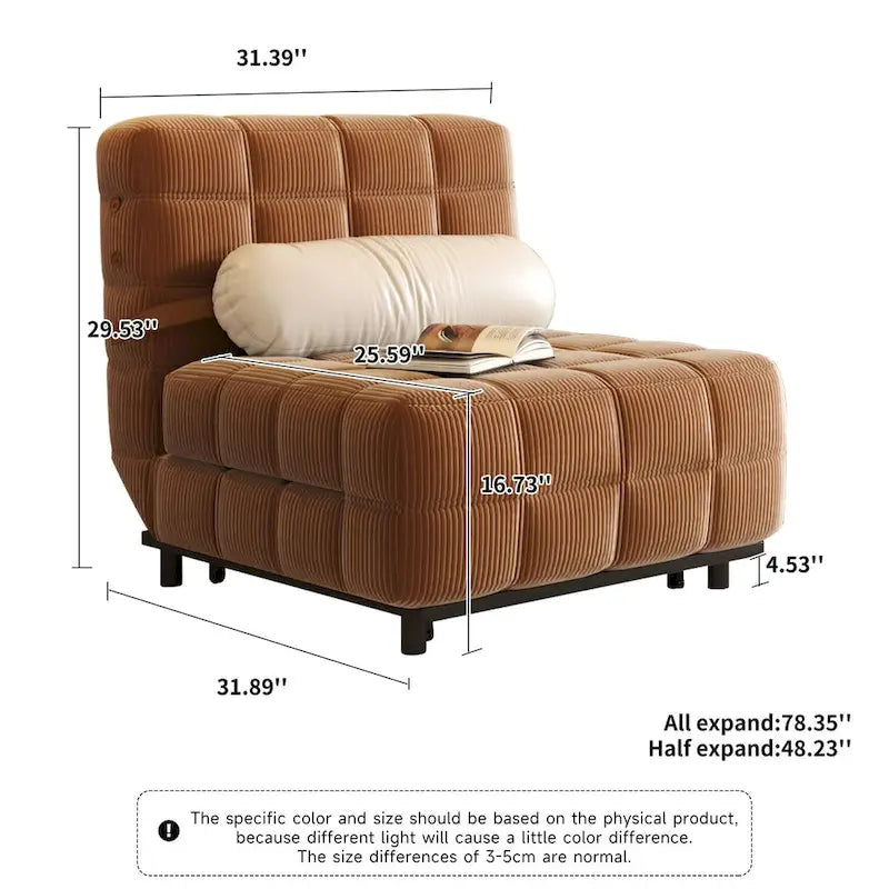 Beige / Camel Armless Convertible Sleeper Chair, 1-Person, Corduroy
