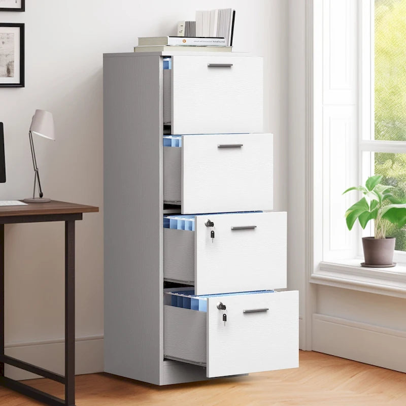 Vertical 4-Drawer Locking File Cabinet, White & Black, Single User – Letter/A4