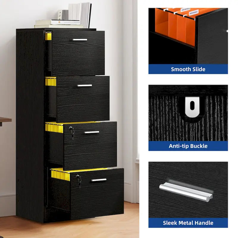 Vertical 4-Drawer Locking File Cabinet, White & Black, Single User – Letter/A4