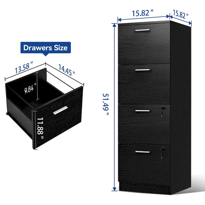 Vertical 4-Drawer Locking File Cabinet, White & Black, Single User – Letter/A4