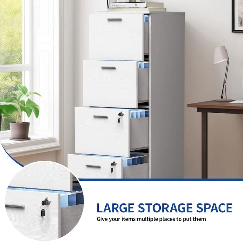 Vertical 4-Drawer Locking File Cabinet, White & Black, Single User – Letter/A4