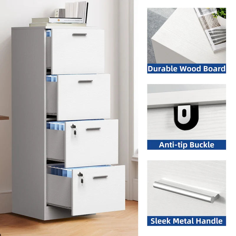 Vertical 4-Drawer Locking File Cabinet, White & Black, Single User – Letter/A4