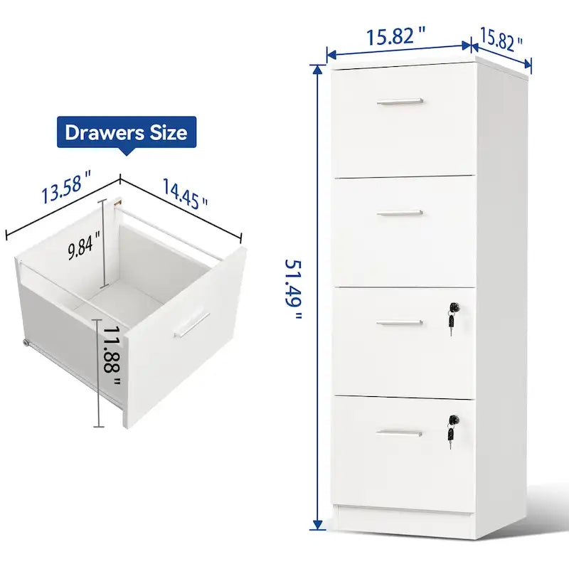 Vertical 4-Drawer Locking File Cabinet, White & Black, Single User – Letter/A4