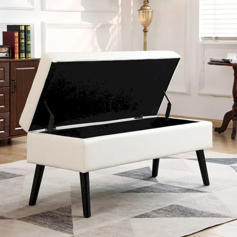 White PU Leather Storage Bench, Tufted Ottoman Style, 1-Person