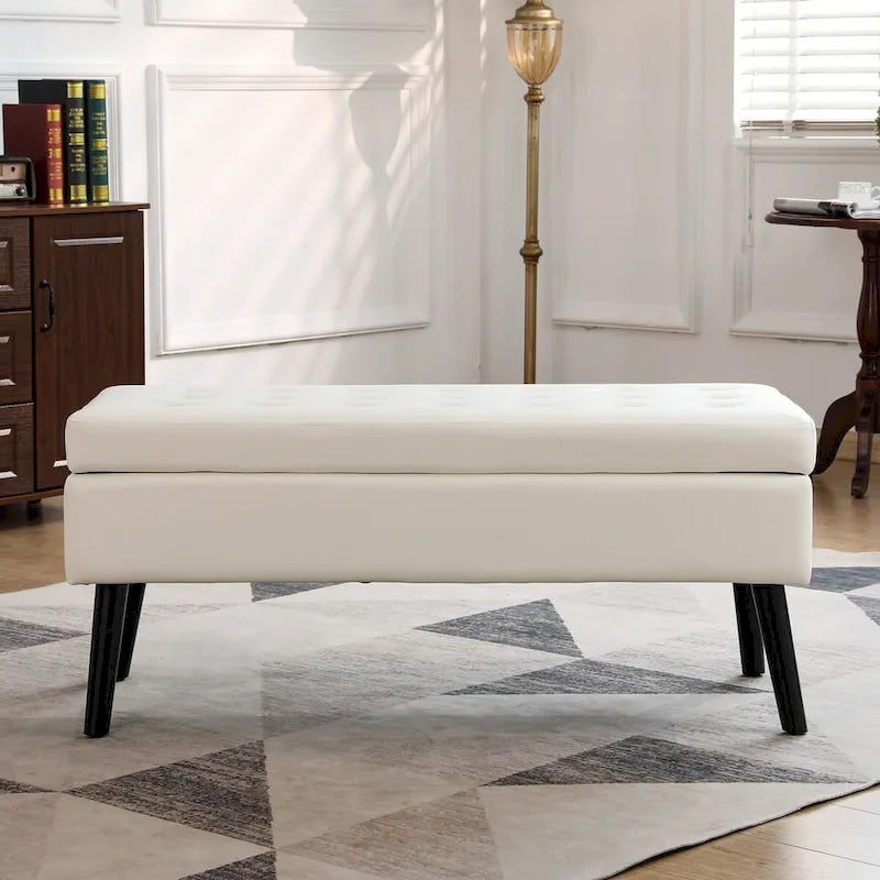 White PU Leather Storage Bench, Tufted Ottoman Style, 1-Person
