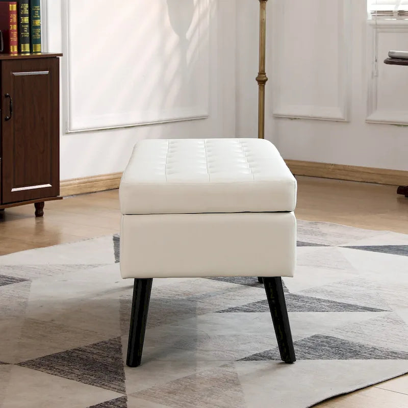 White PU Leather Storage Bench, Tufted Ottoman Style, 1-Person