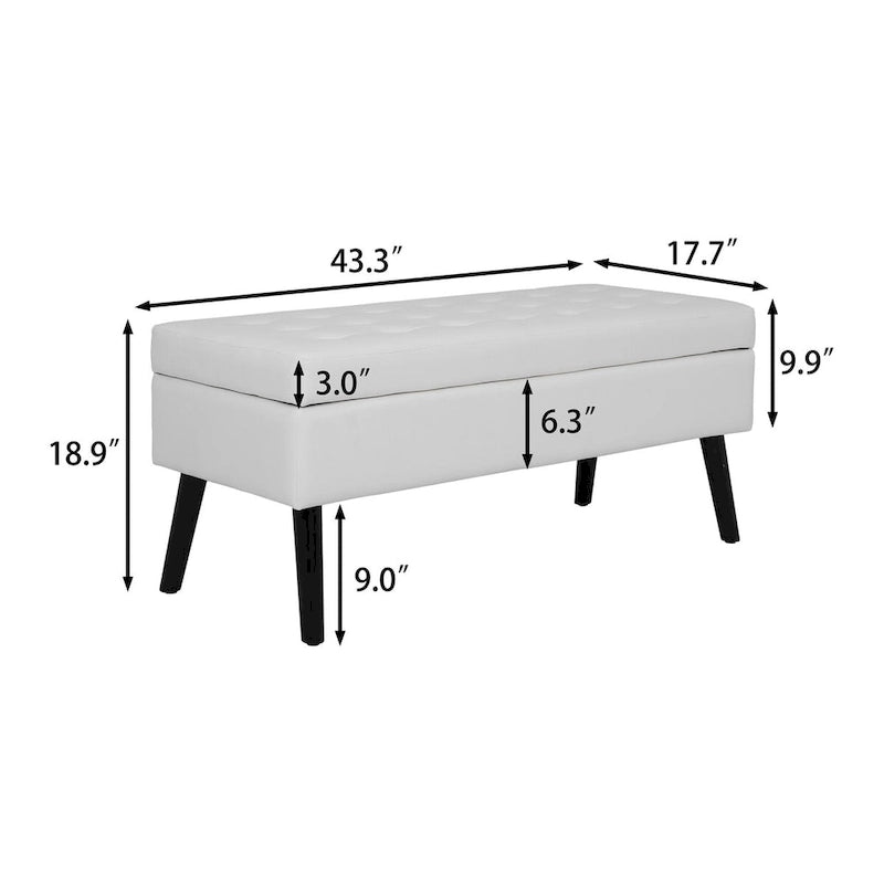 White PU Leather Storage Bench, Tufted Ottoman Style, 1-Person