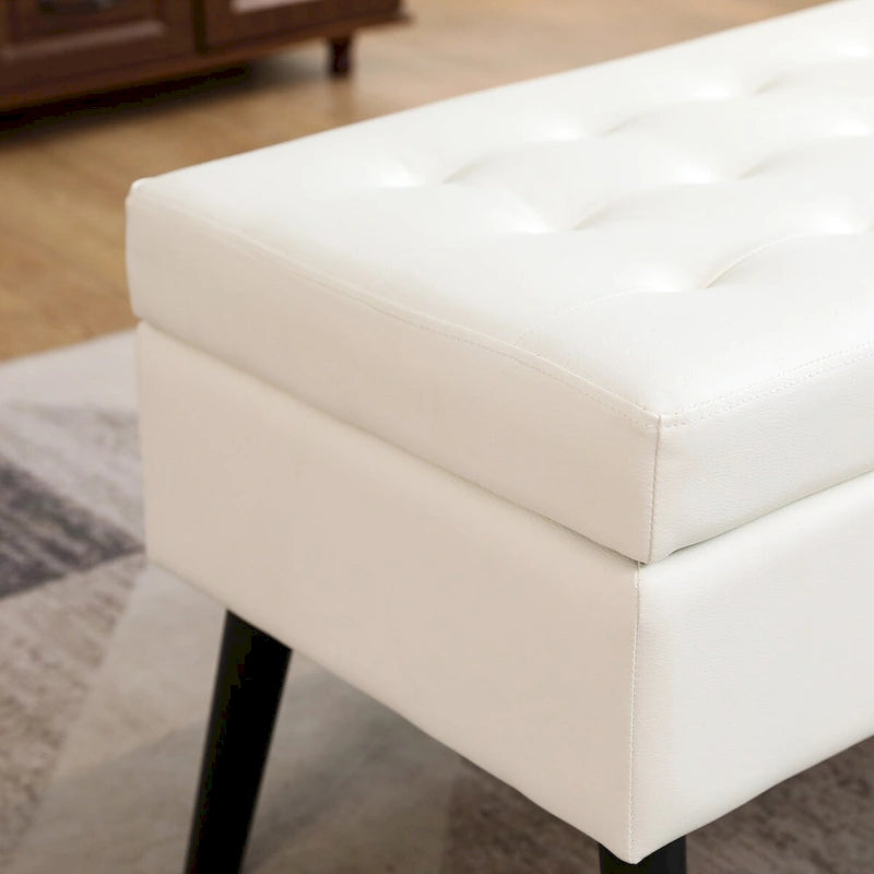 White PU Leather Storage Bench, Tufted Ottoman Style, 1-Person