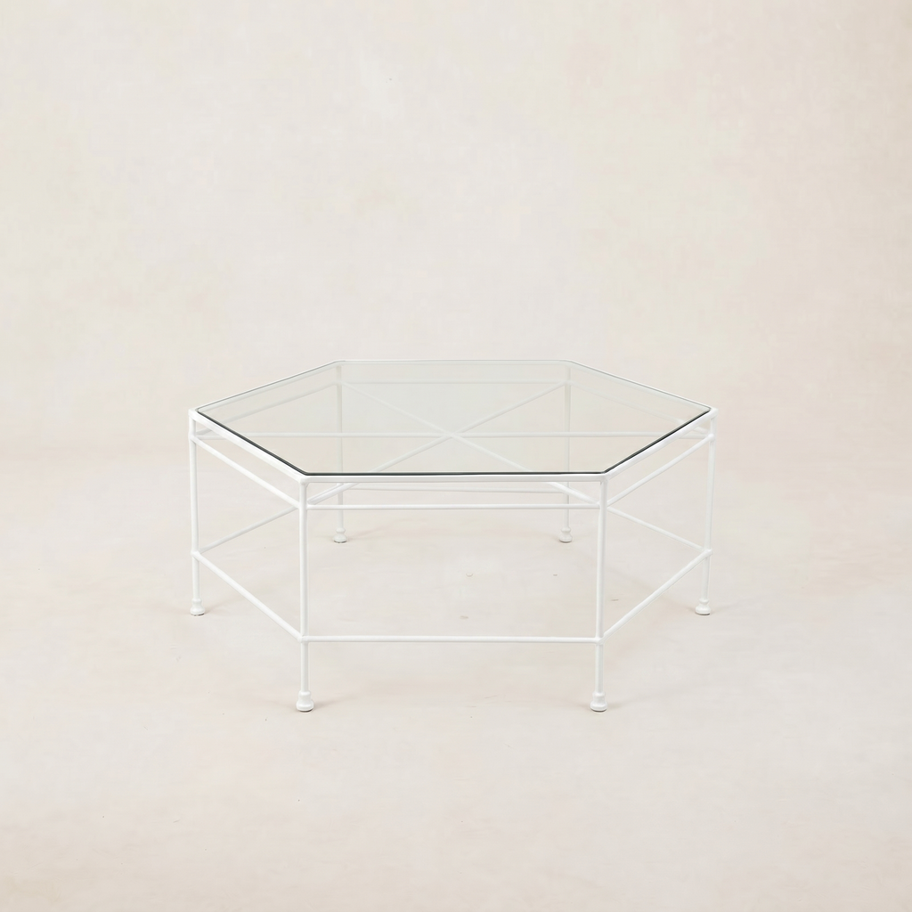 Table basse hexagonale d'extérieur en verre Provence - Cadre blanc