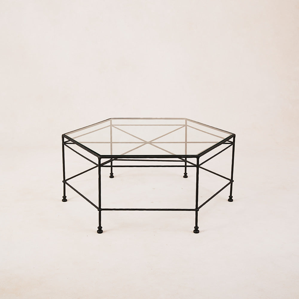 Table basse hexagonale d'extérieur en verre Provence - Cadre noir